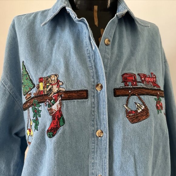 Vintage Embroidered Christmas Denim Button Down - Picture 3 of 3